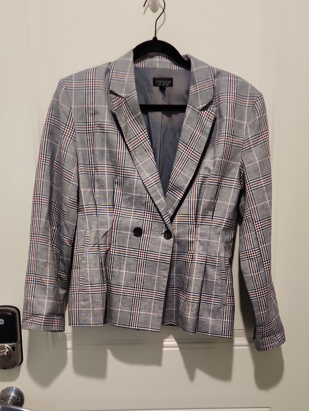 Topshop Gray Plaid Double-Breasted Blazer with Subtle Red Stripe